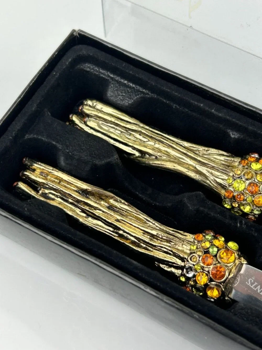 2 Saints Butter Cheese Spreader Knife Set Rhinestone Wood Bark Fall Metal READ